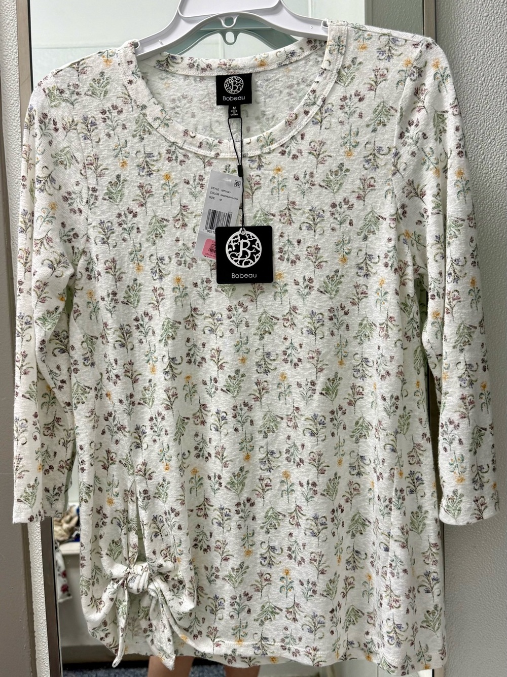 Bobeau Cream Floral Long Sleeve Tie-Hem Top with Multicolor Blooms (M)
